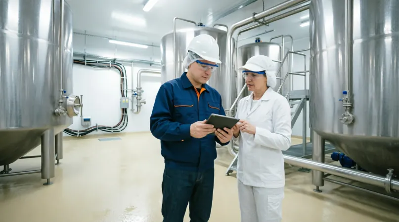 Técnicos avaliando instalação entre tanques inox