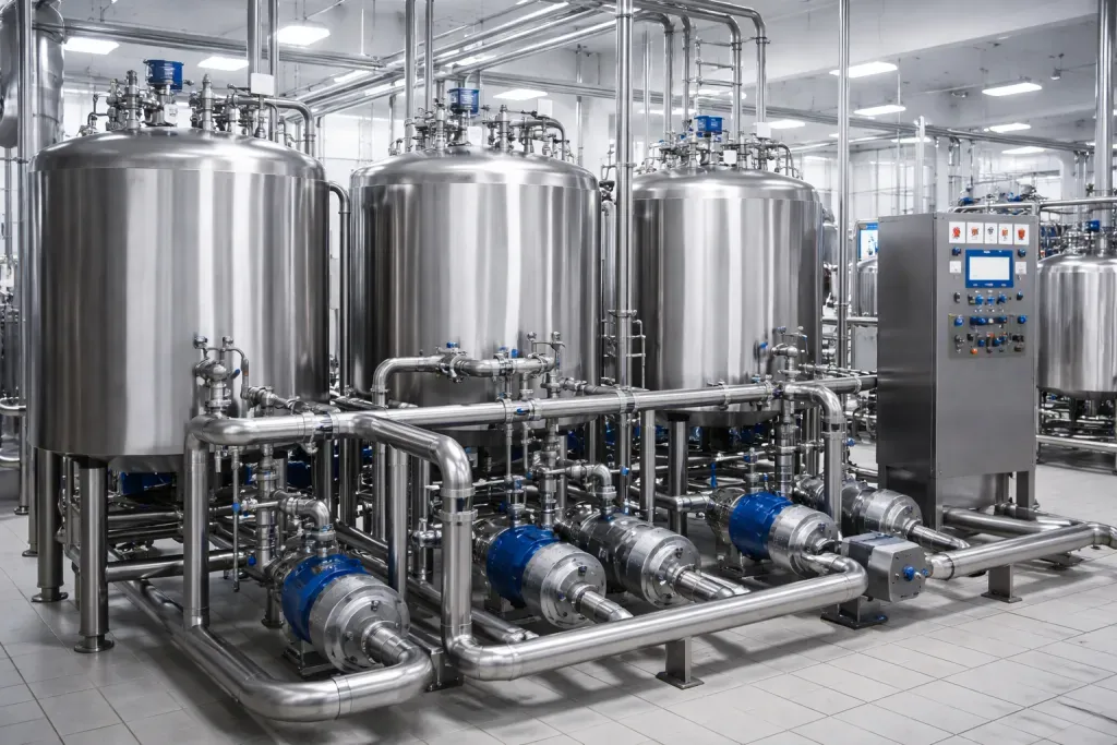 Linha industrial com tanques e bombas em inox
