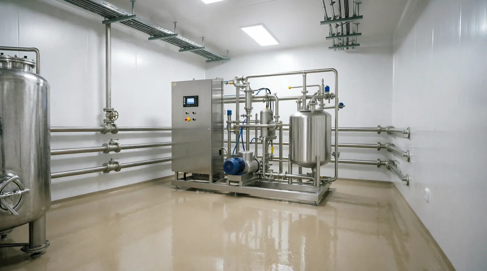 Skid CIP em aço inox com painel e tubulações sanitárias
